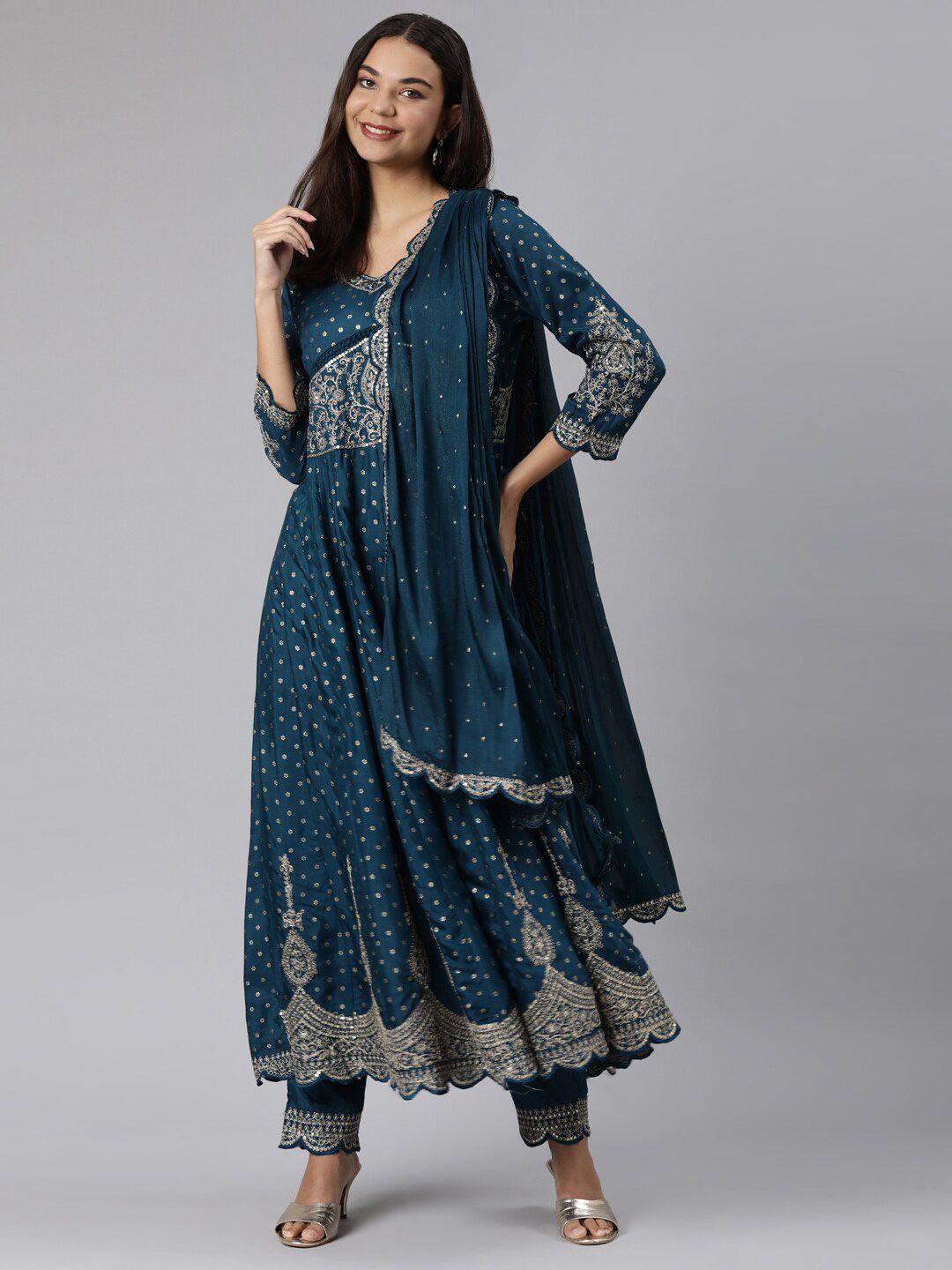 neerus floral printed thread work anarkali kurta with trousers & dupatta