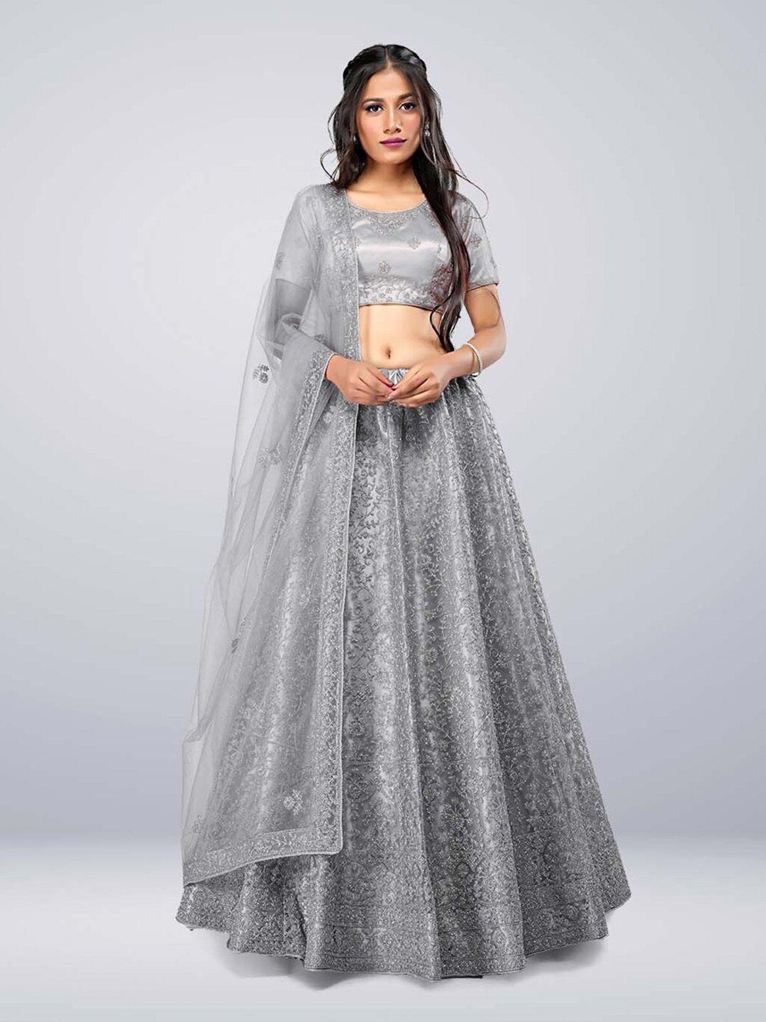 halfsaree studio grey & embroidered semi-stitched lehenga & unstitched blouse with dupatta