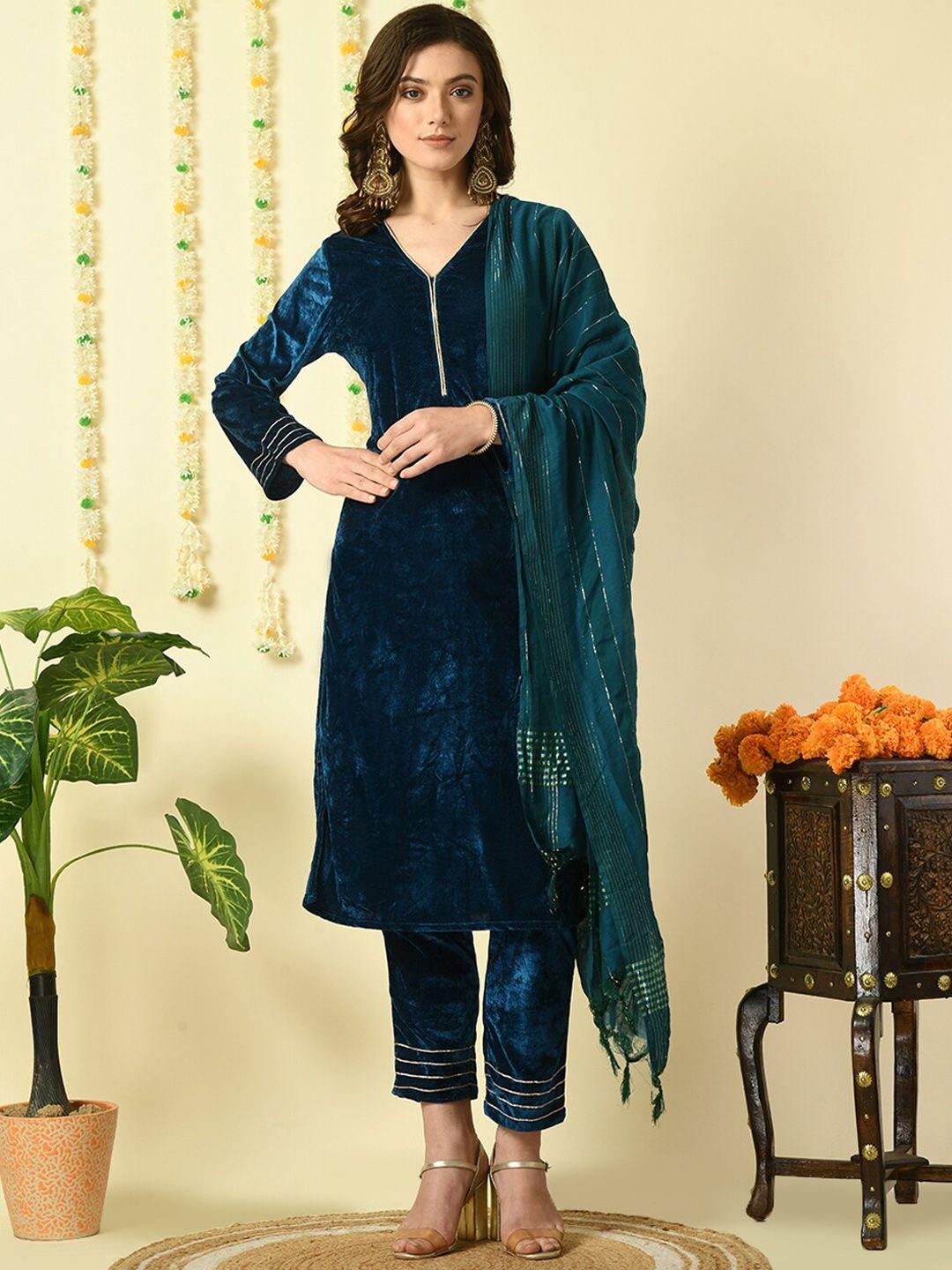 kalini v-neck long sleeves regular velvet kurta with trousers & dupatta