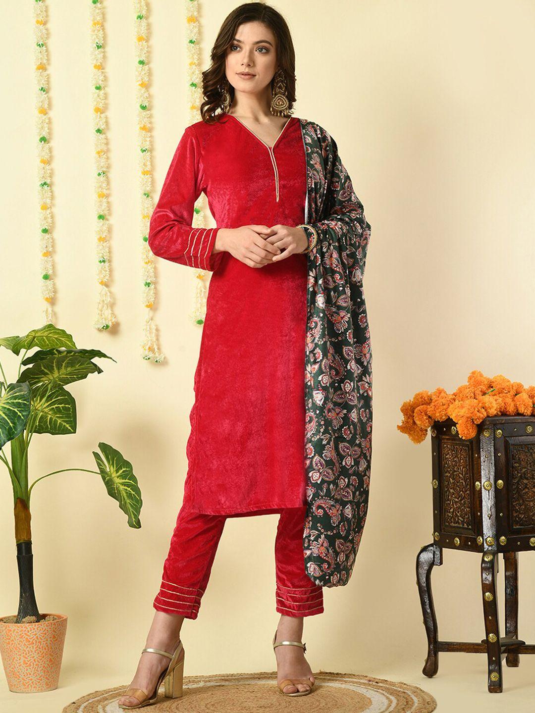 kalini v-neck gotta patti detailed velvet straight kurta & trouser with dupatta