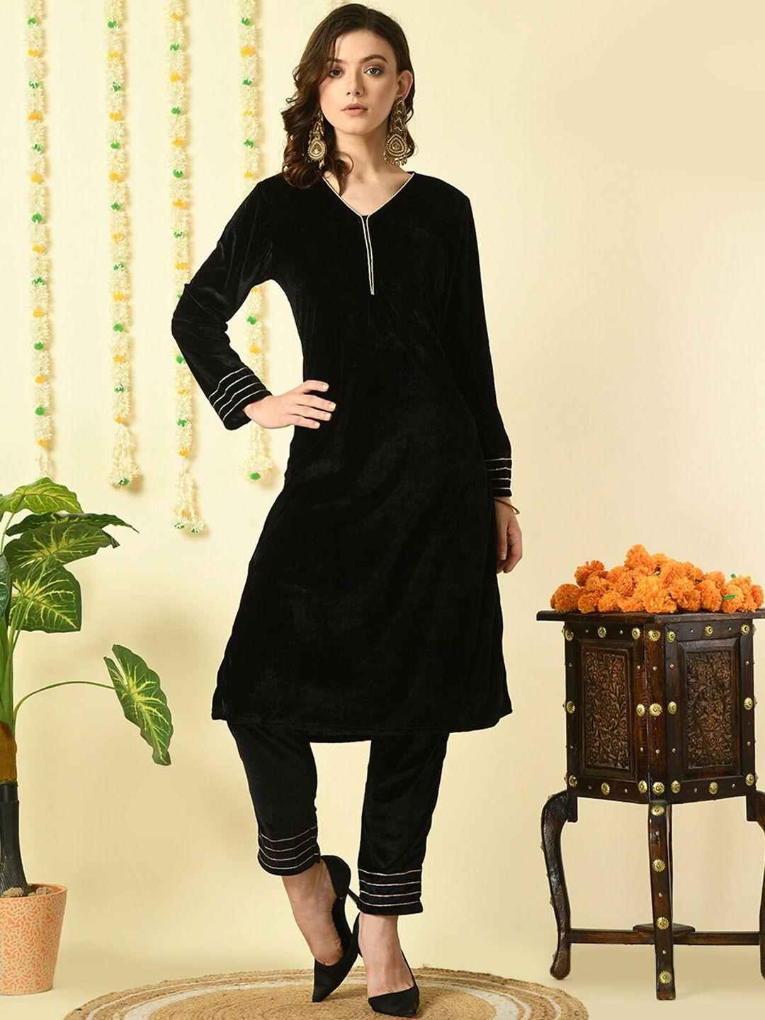 kalini v-neck gotta patti detailed velvet straight kurta with trouser