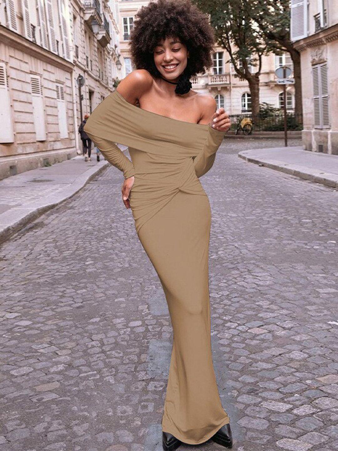 stylecast khaki off shoulder maxi dress