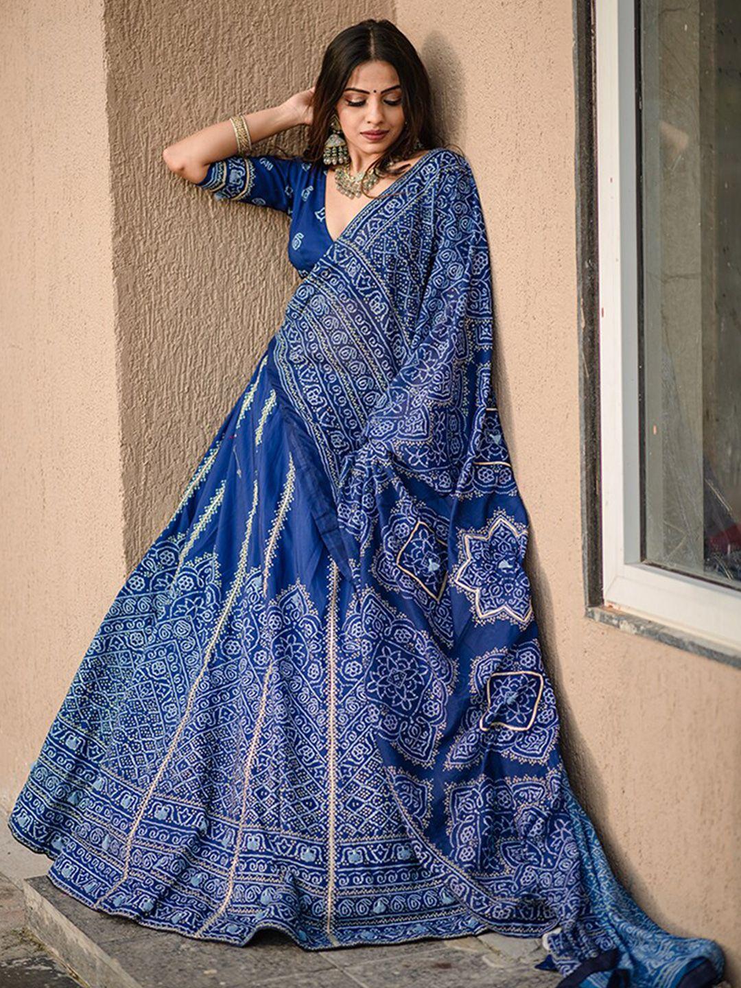 looknbook art navy blue printed semi-stitched lehenga & unstitched blouse with dupatta