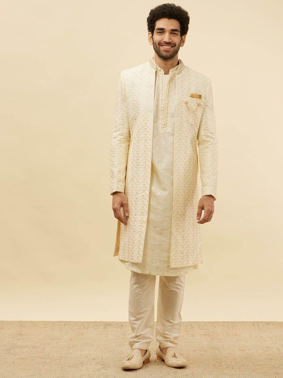 manyavar floral embroidered mandarin collar beads & stones sherwani with pyjama & coat