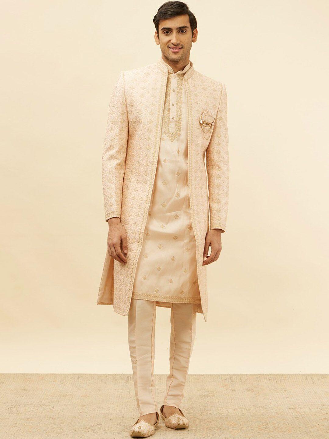 manyavar floral embroidered mandarin collar beads & stones sherwani with pyjama & coat