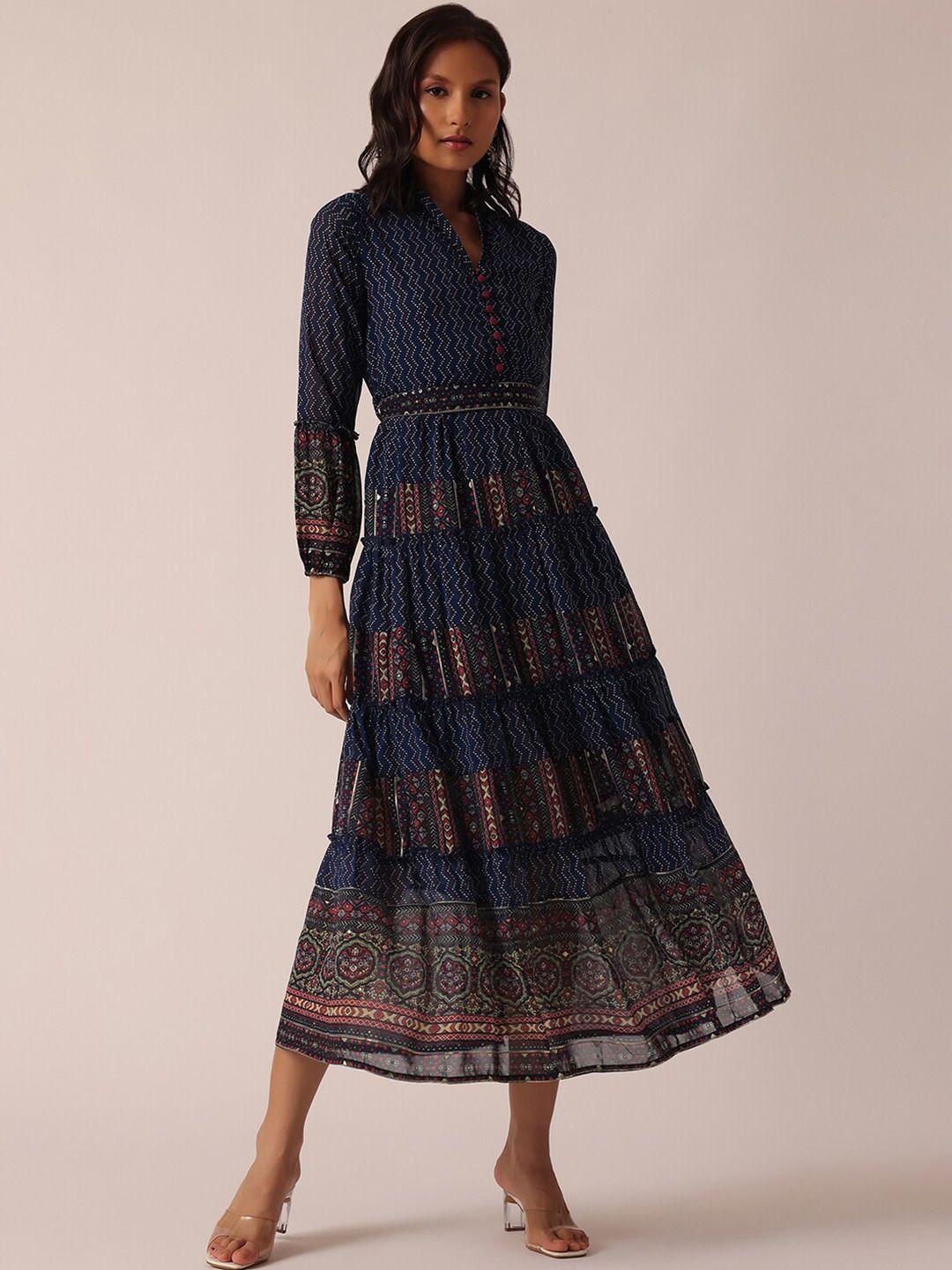 kalki fashion ethnic motifs print puff sleeves a-line midi dress