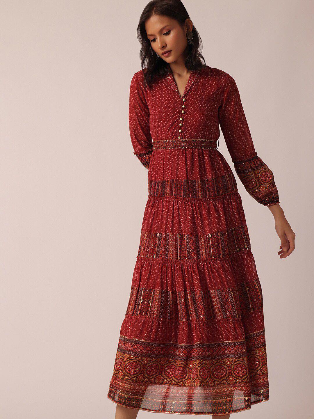 kalki fashion ethnic motifs print puff sleeves a-line midi dress