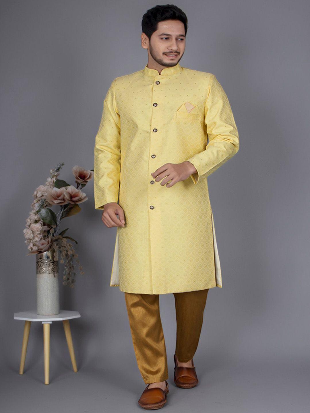 amzira self design mandarin collar cotton sherwani set