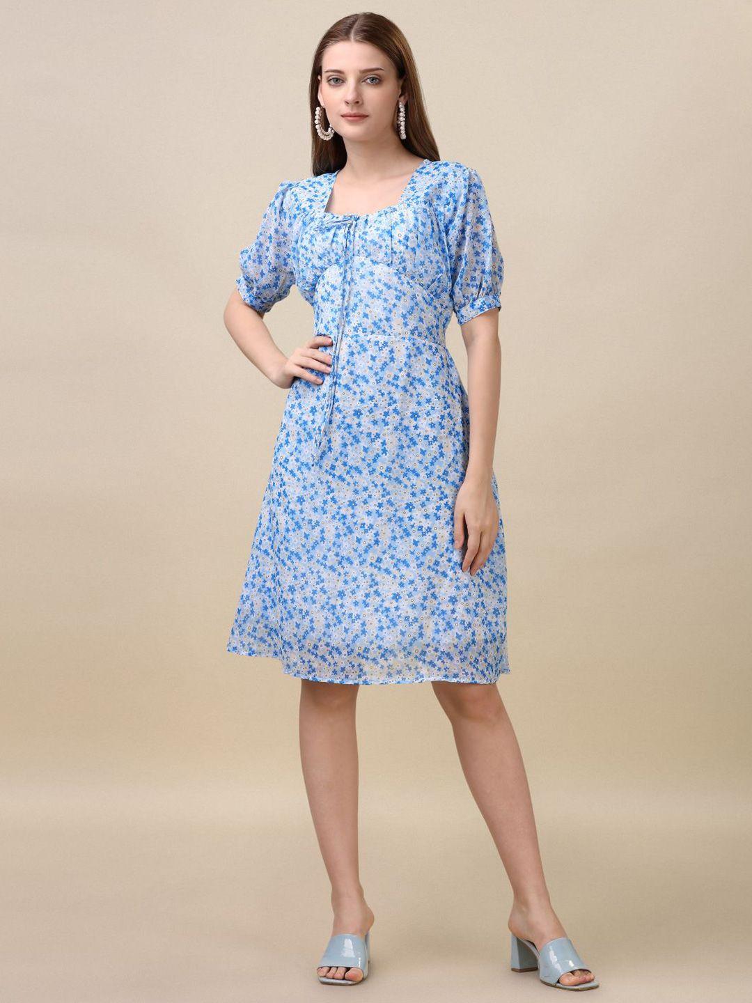 gufrina floral printed square neck puff sleeve gathered georgette a-line dress