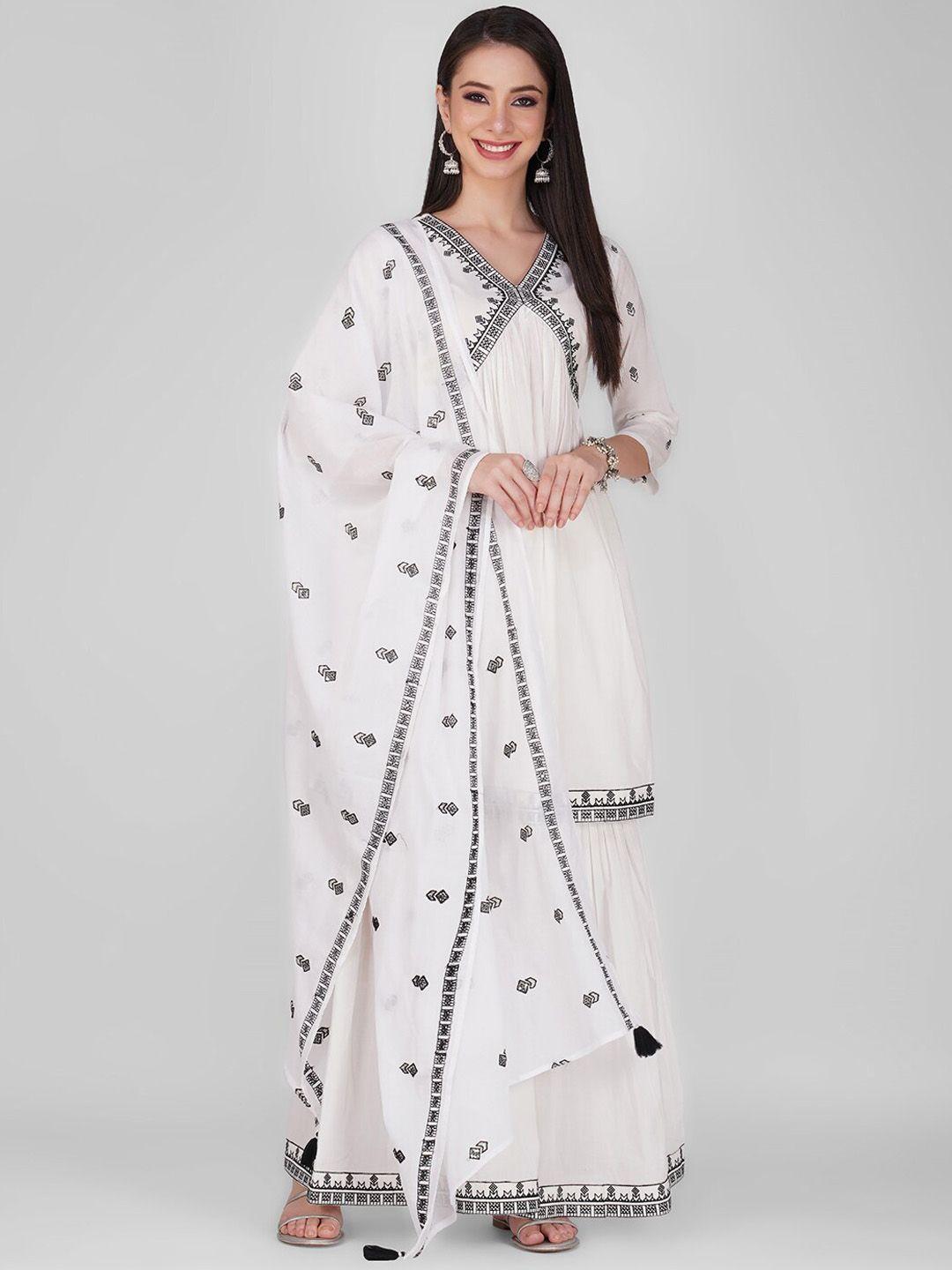 kalini women white embroidered empire pure cotton kurta with sharara & with dupatta