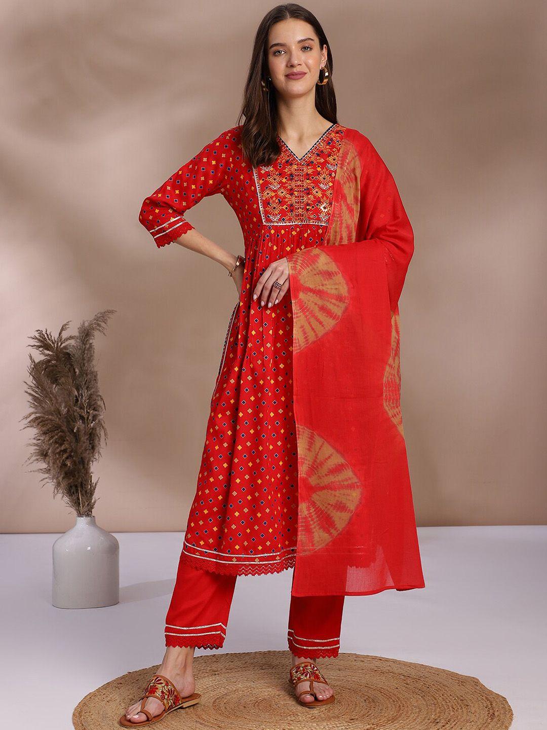 kalini women red floral embroidered tiered aari work kurta with trousers & with dupatta