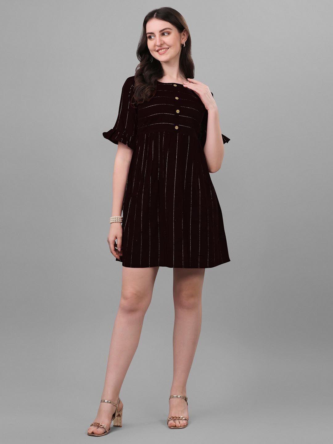 anouk black striped bell sleeves gathered detailed cotton a-line dress