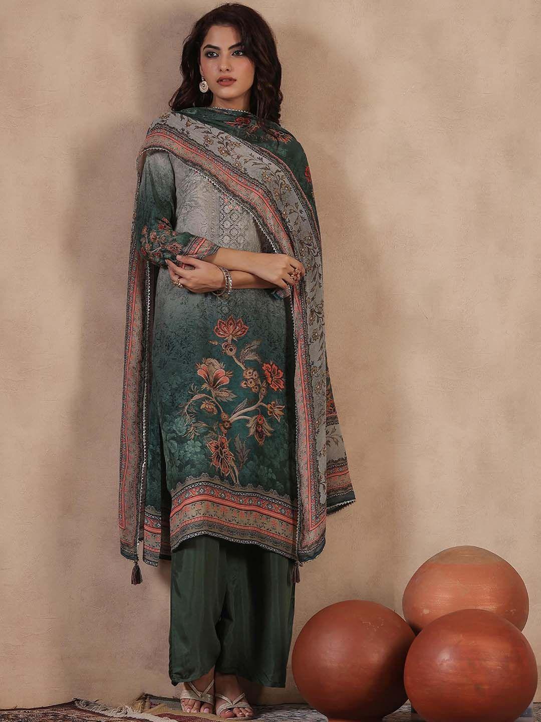 scakhi floral printed regular mirror work straight kurta with trousers & dupatta