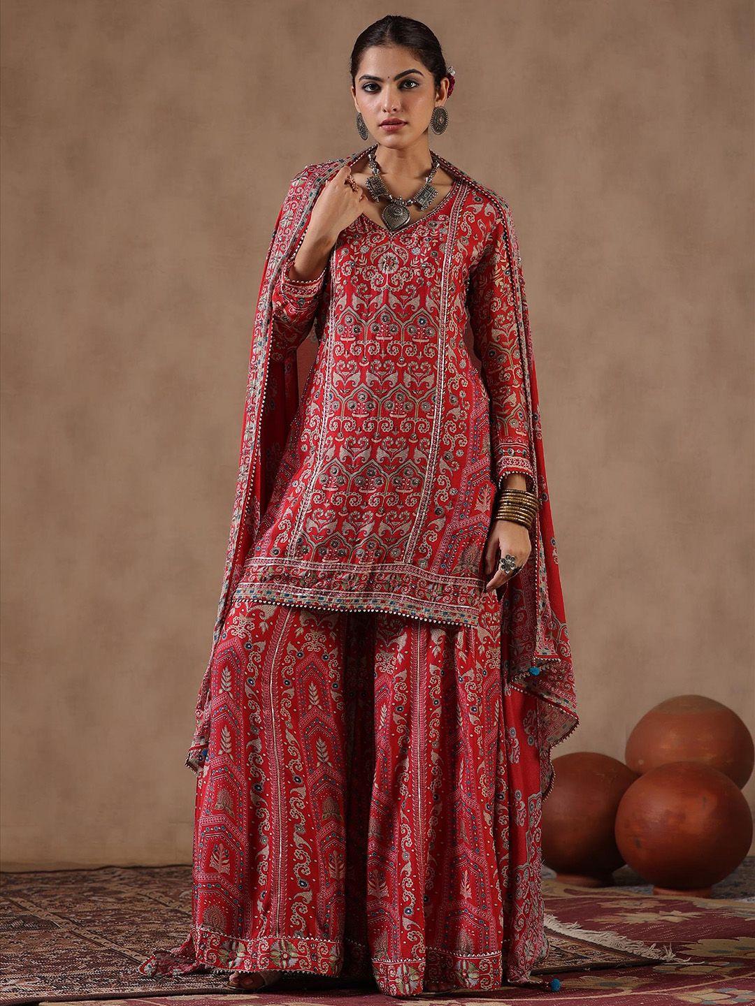 scakhi ethnic motifs printed gotta patti straight kurta with sharara & dupatta