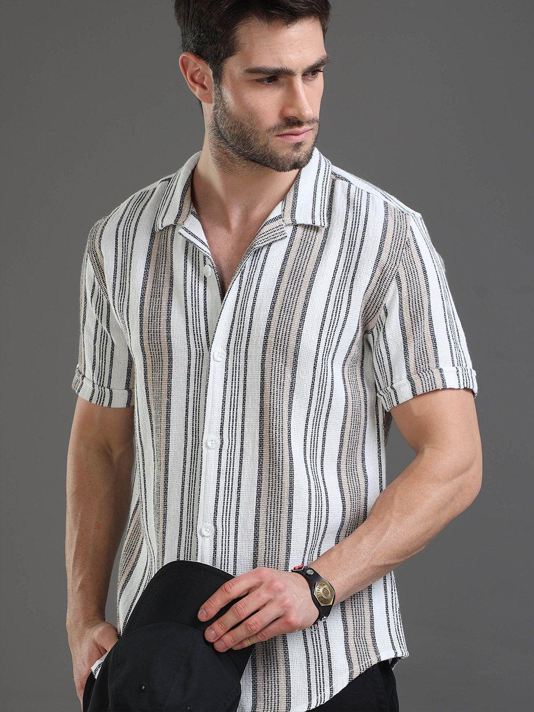 moda rapido white slim fit striped short sleeves cotton casual shirt