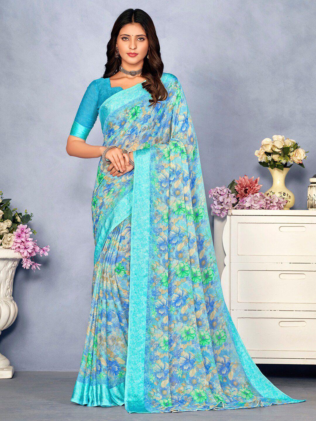 mitera blue floral pure chiffon designer bagru saree