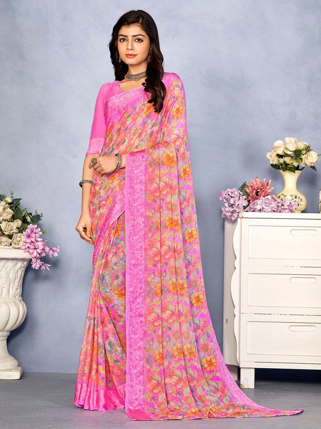 mitera pink floral pure chiffon designer bagru saree