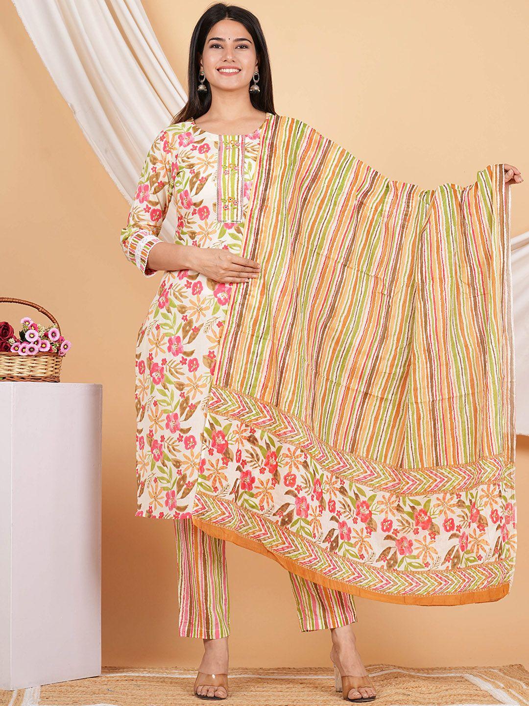 zoyoto women multicoloured floral printed regular mirror work pure cotton kurta with trousers & with dupatta