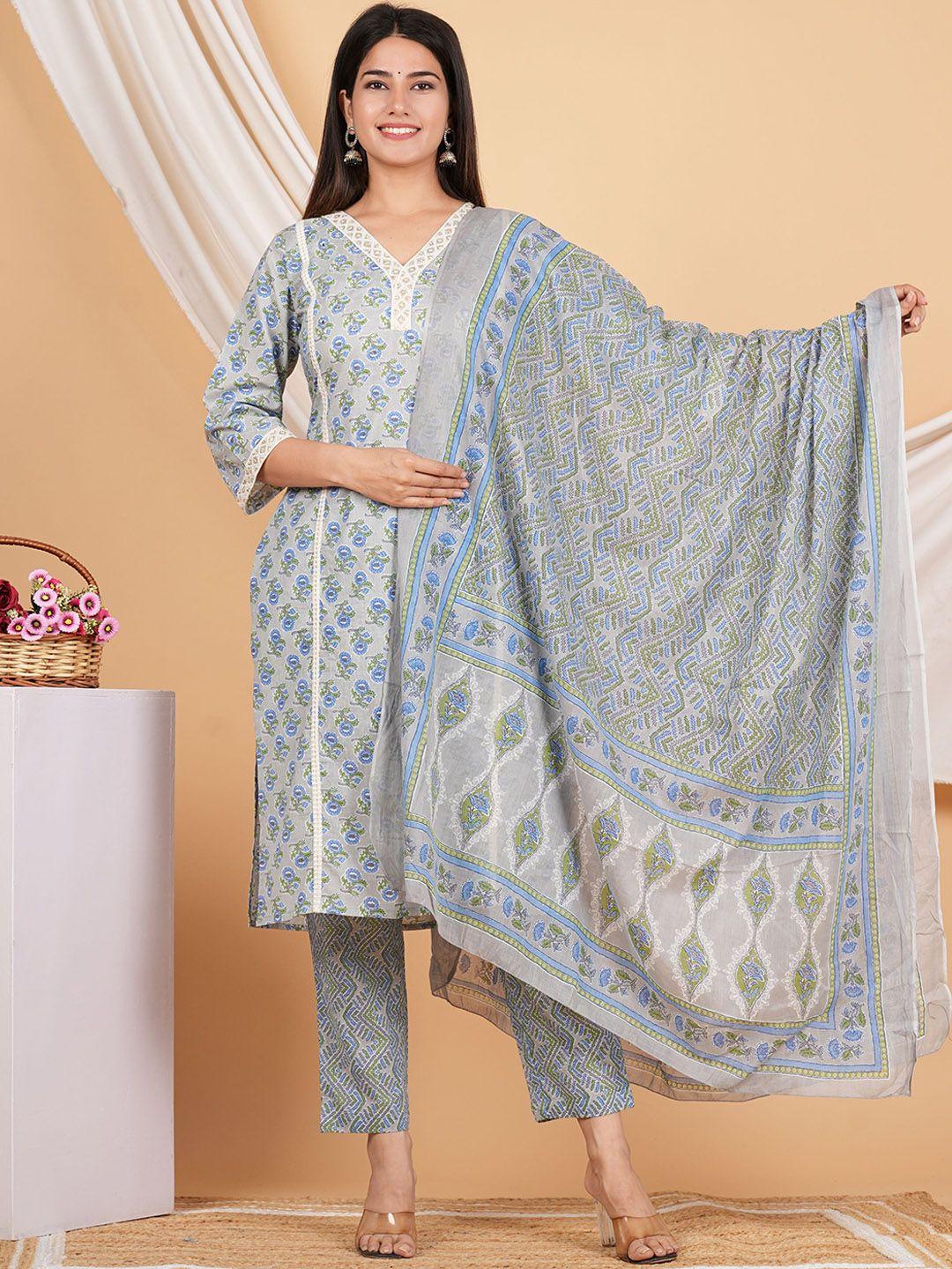 zoyoto women grey floral printed regular mirror work pure cotton kurta with trousers & with dupatta