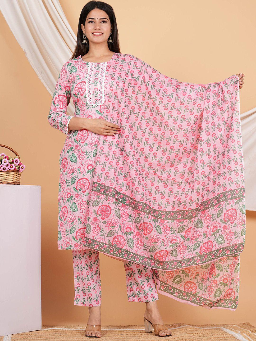 zoyoto women pink floral printed regular mirror work pure cotton kurta with trousers & with dupatta