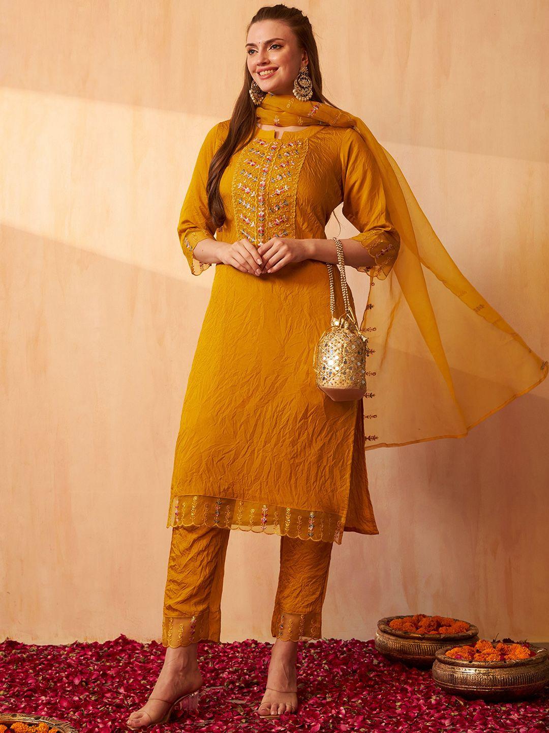 aspora floral embroidered straight kurta with trousers & dupatta