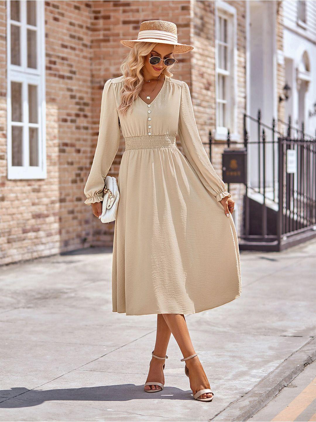 stylecast tan v-neck puff sleeves smocked detail a-line dress