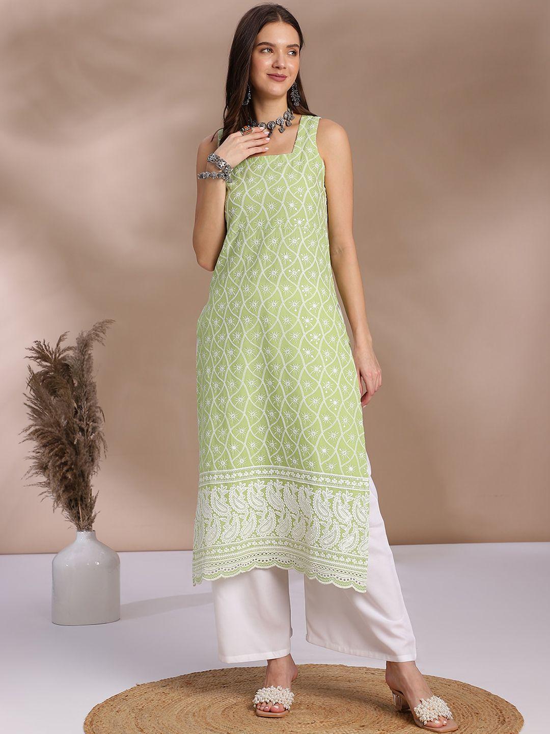 anouk chikankari embroidered sleeveless cotton straight kurta