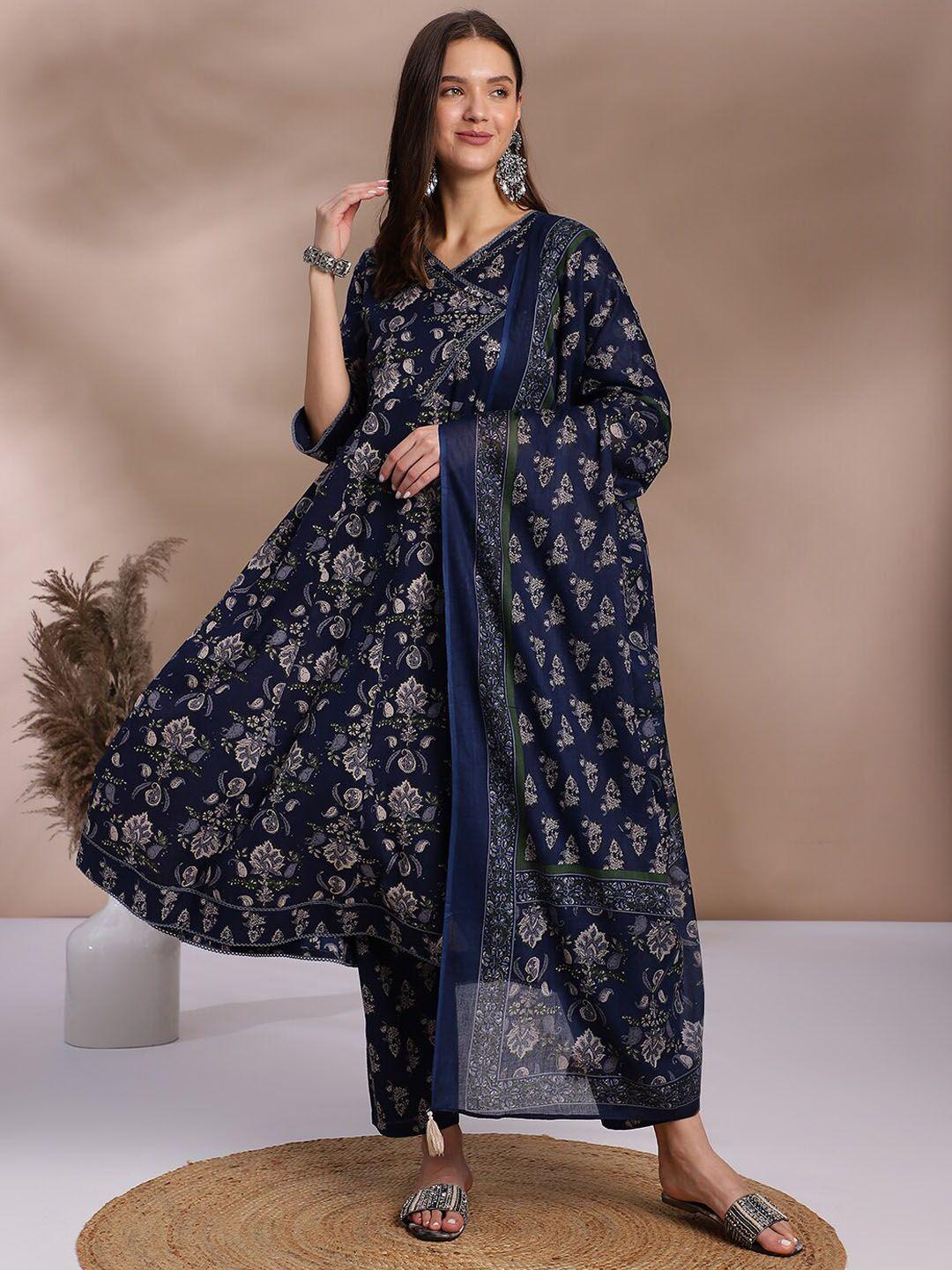 anouk navy blue ethnic motifs printed pure cotton anarkali kurta & trouser with dupatta