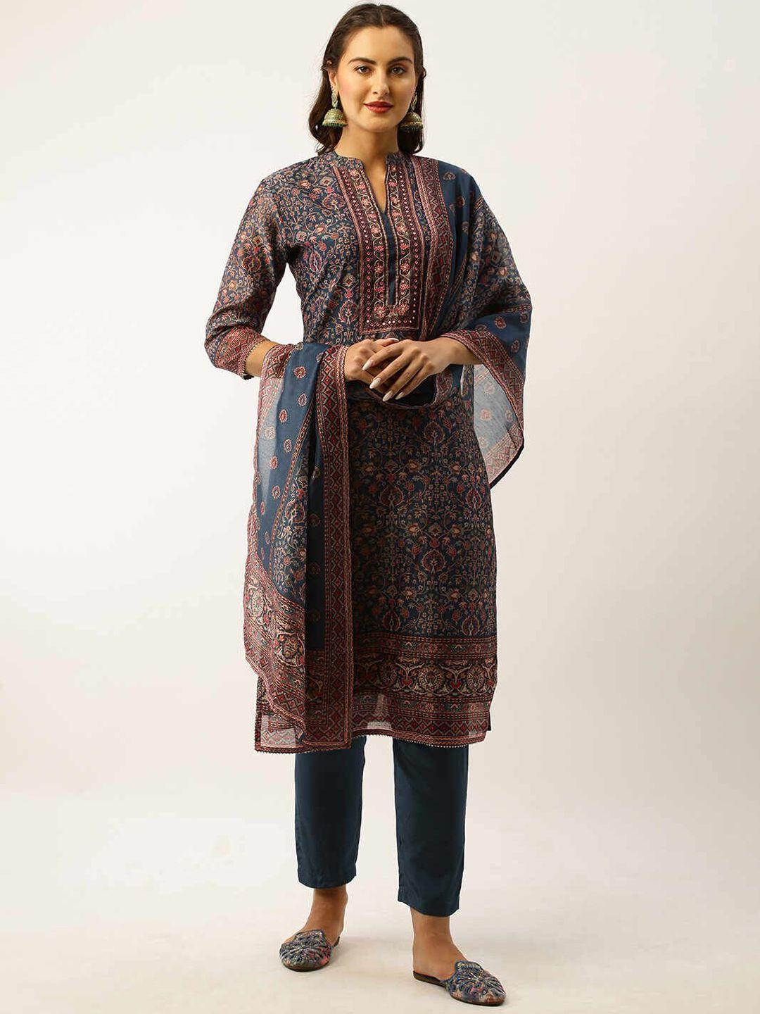 zola navy blue floral printed chanderi silk straight kurta & trouser with dupatta