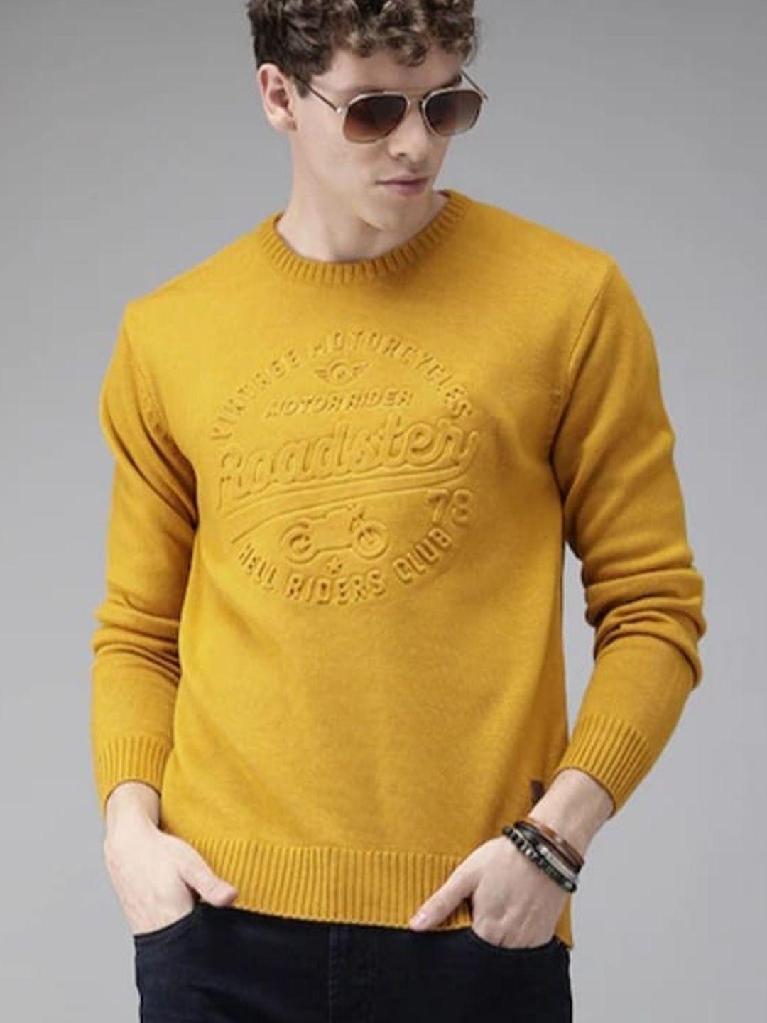 the roadster lifestyle co. mustard yellow typography embossed acrylic pullover sweater