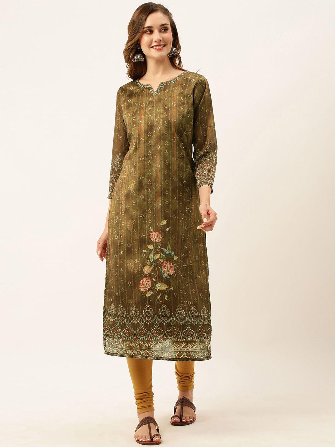 zola olive floral embroidered round neck kurta