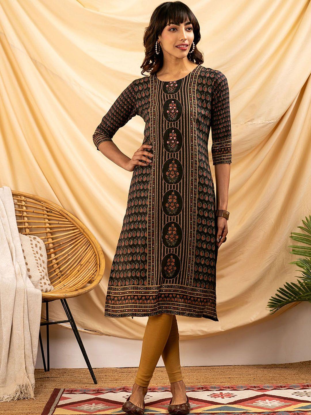 zola ethnic motifs printed beads & stones pure cotton straight kurta