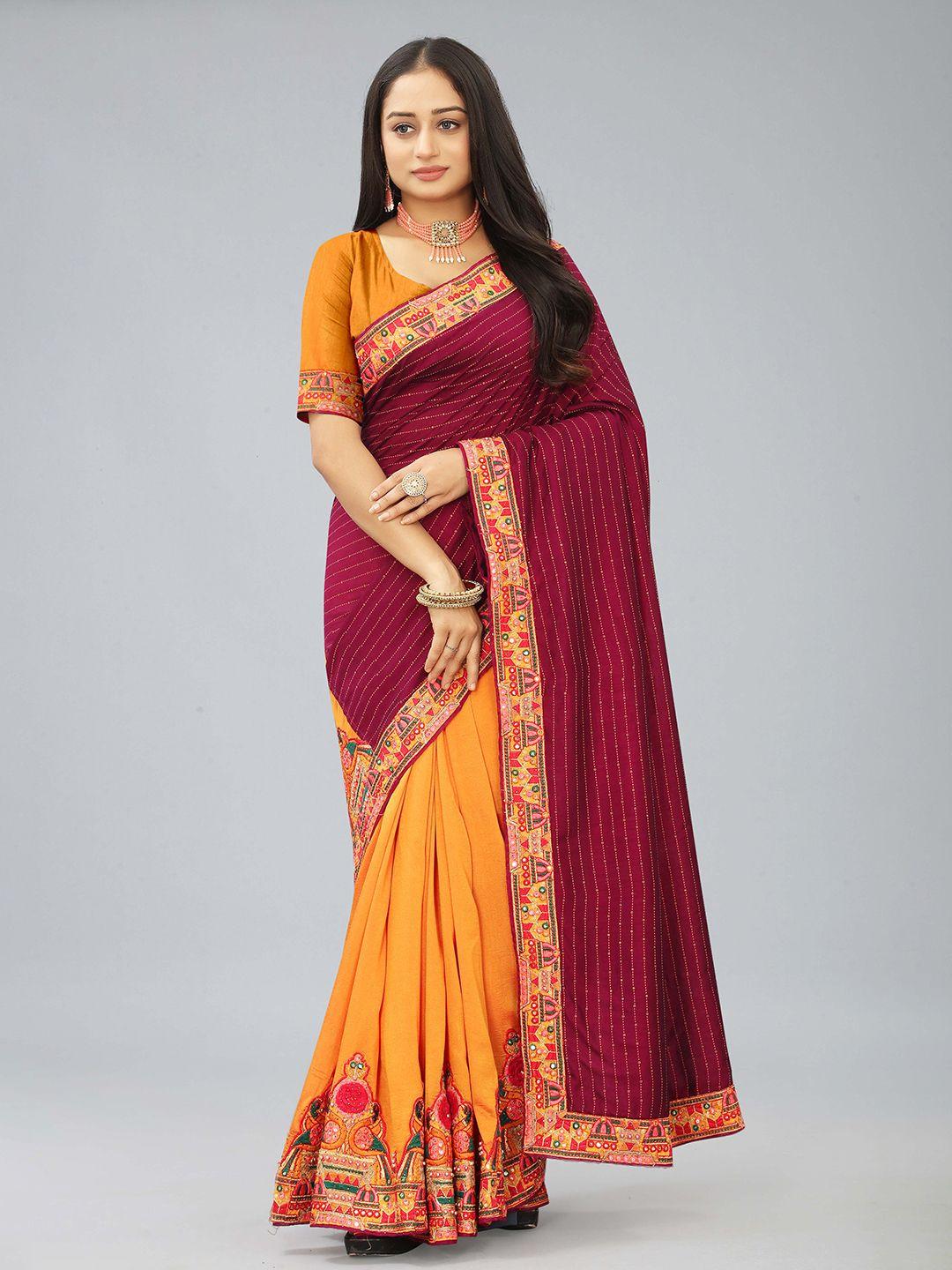 kiwie maroon & yellow sequinned art silk half and half saree