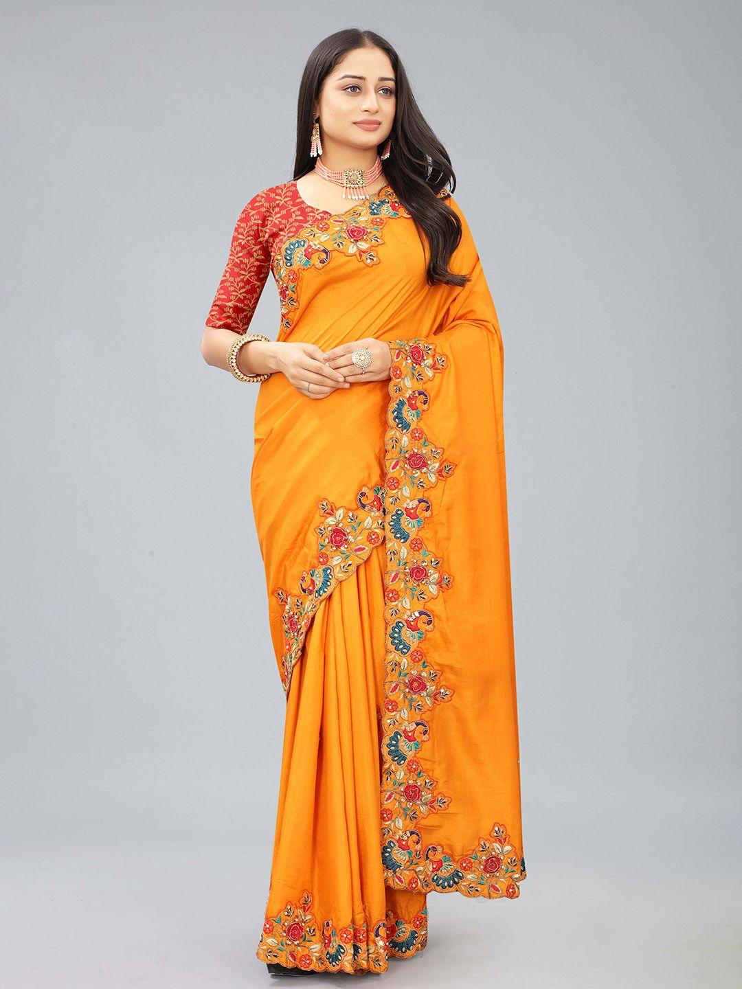 kiwie yellow embroidered art silk heavy work saree