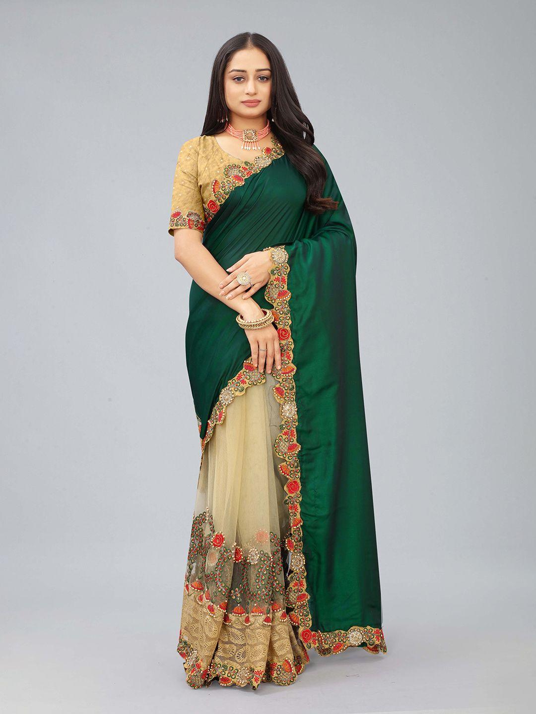 kiwie green & beige embroidered net half and half saree