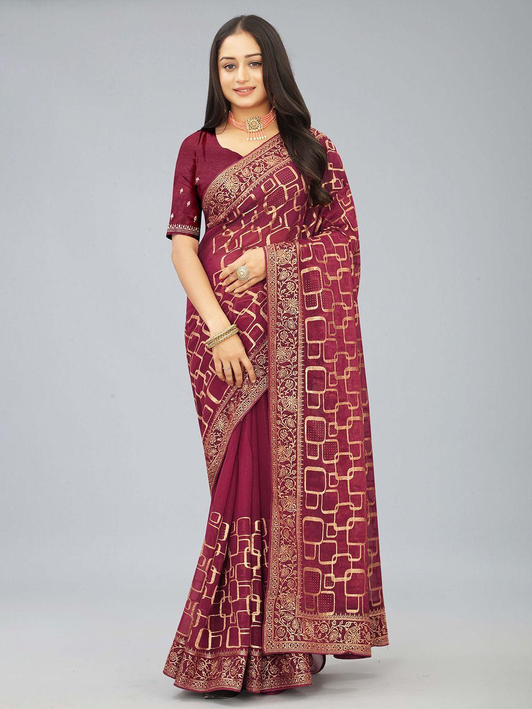 kiwie pink beads and stones poly chiffon heavy work saree