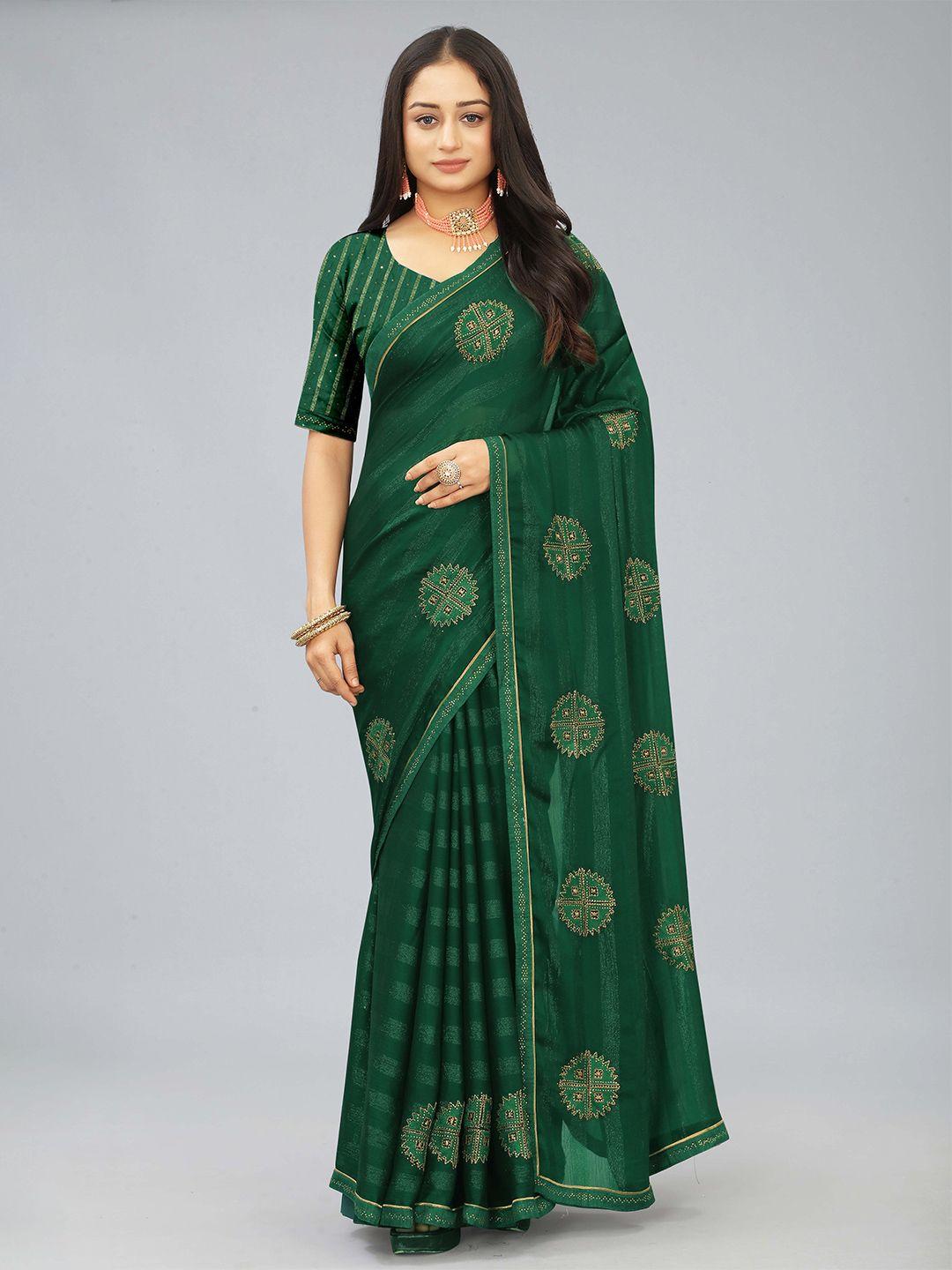 kiwie green beads and stones poly chiffon heavy work saree