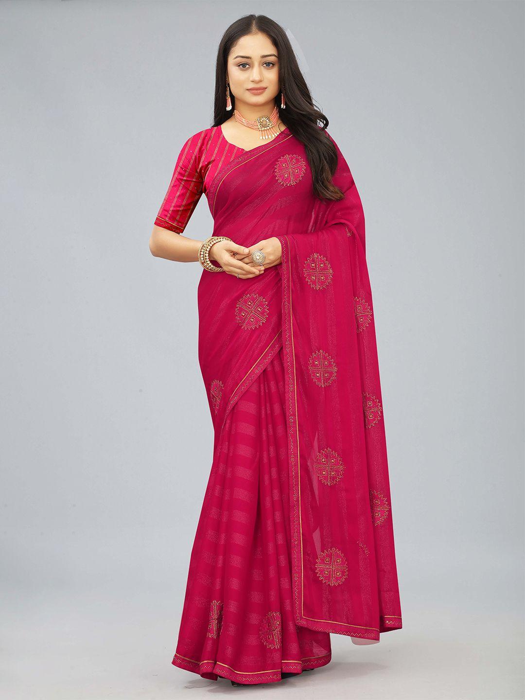 kiwie pink beads and stones poly chiffon heavy work saree