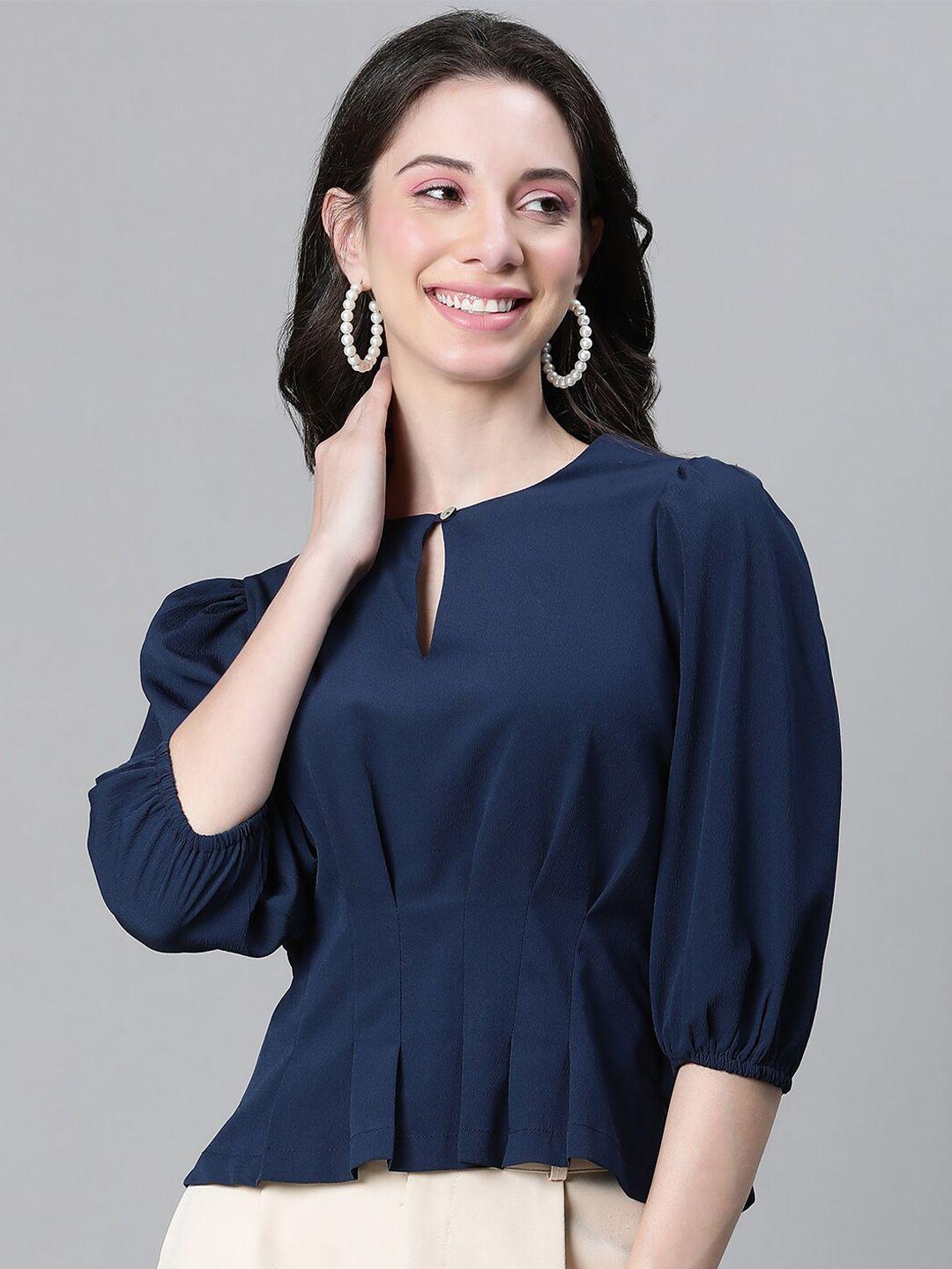 oxolloxo navy blue & navy blue keyhole neck blouson top