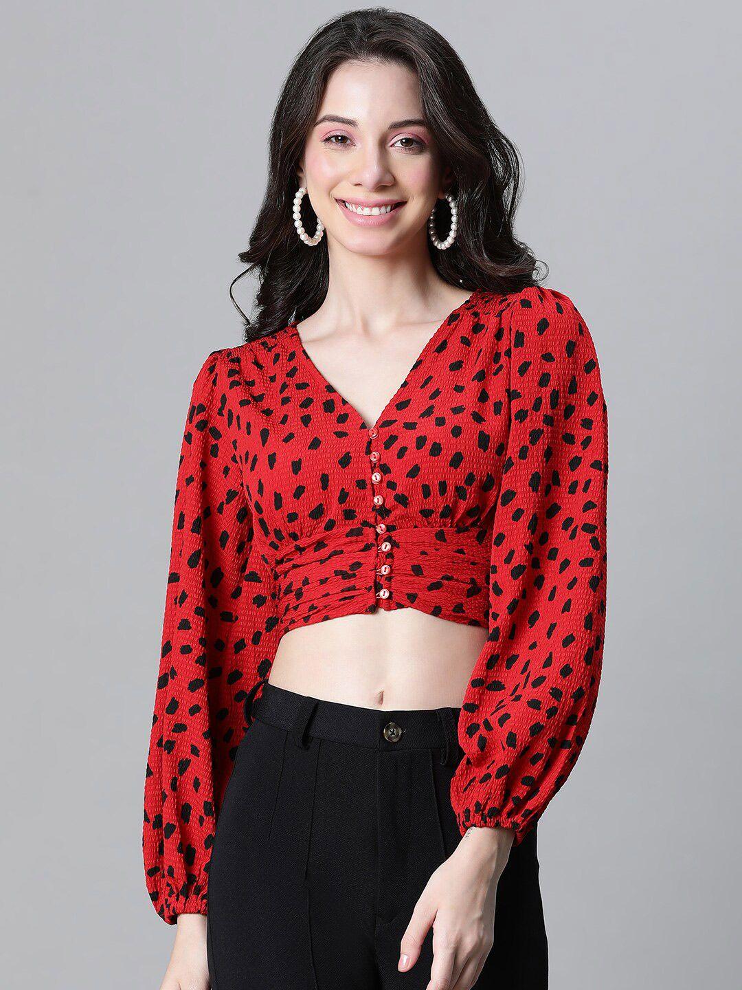 oxolloxo abstract printed puff sleeves fitted crop top