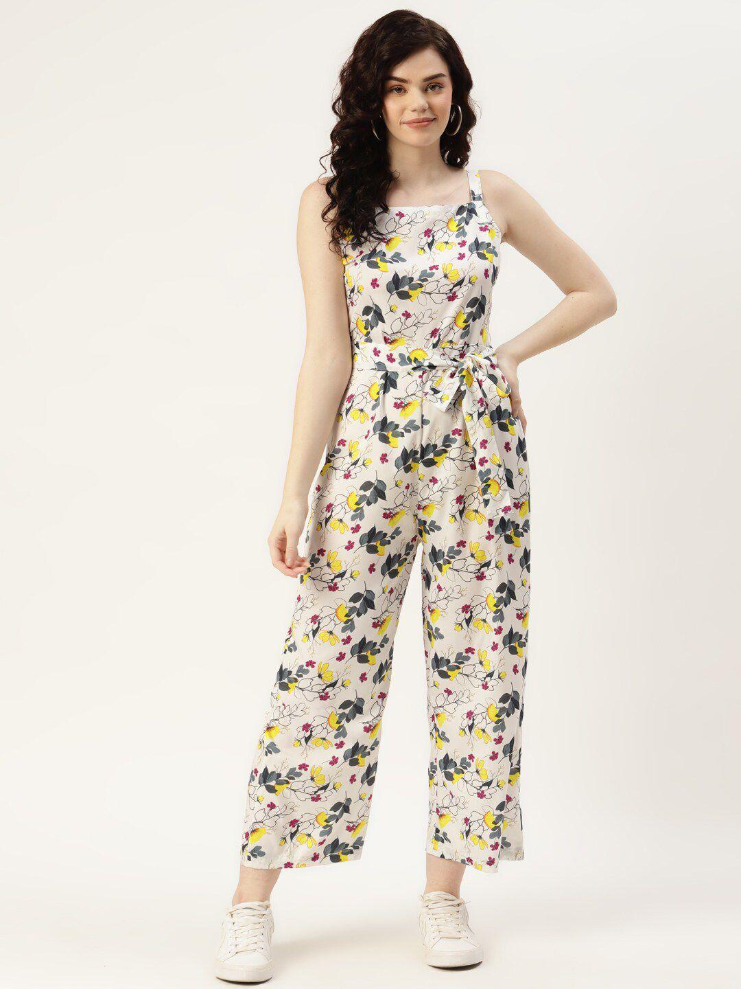 sirikit floral printed shoulder straps waist tie ups jumpsuit