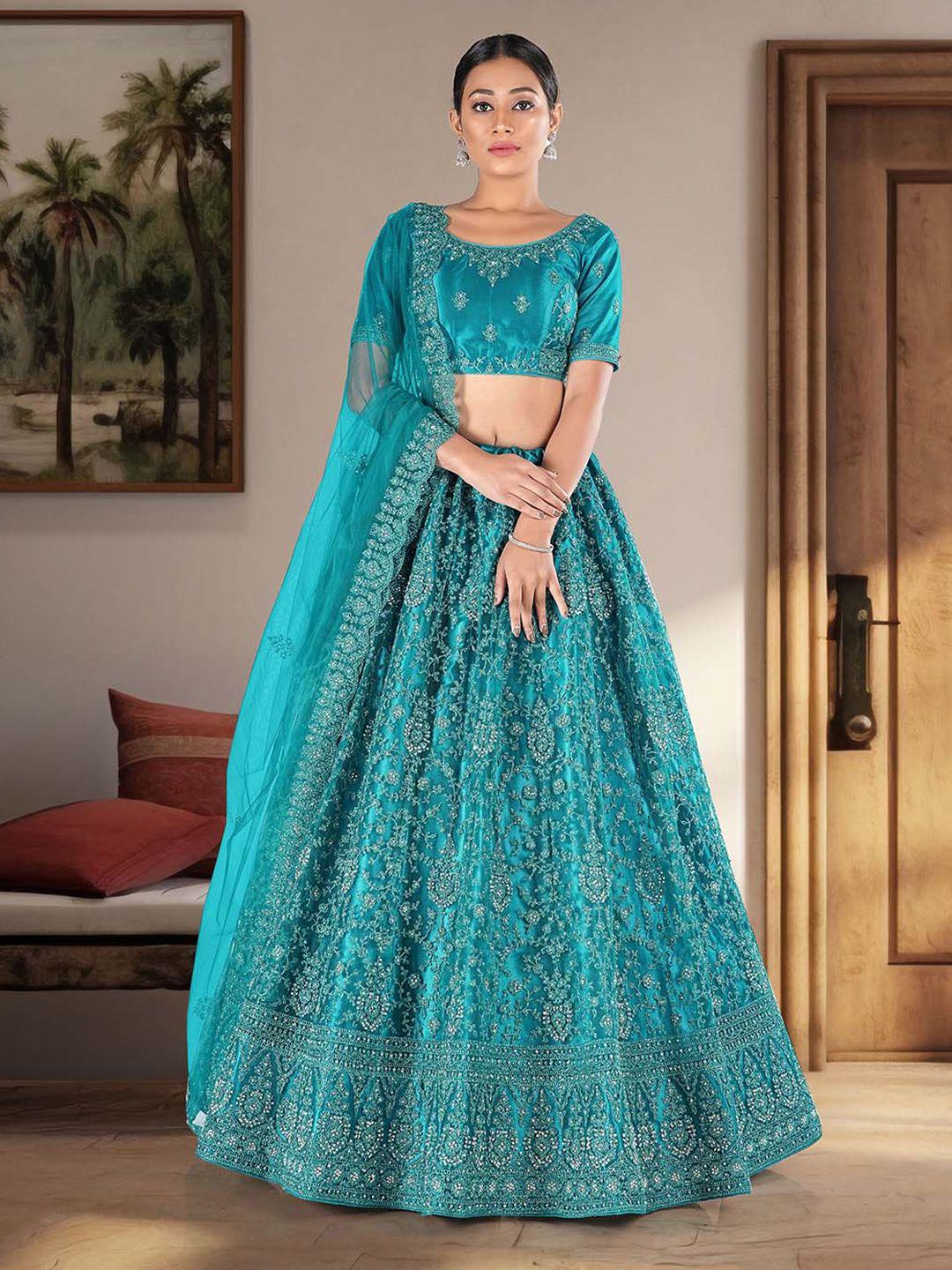 halfsaree studio blue & embroidered semi-stitched lehenga & unstitched blouse with dupatta