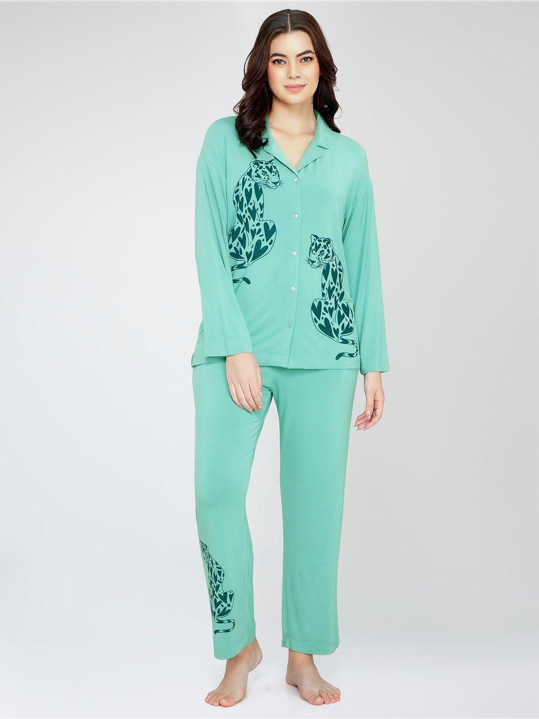 zeyo women green printed night suit