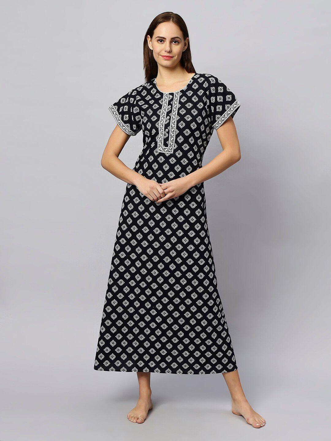 etc black ethnic motifs printed pure cotton maxi nightdress