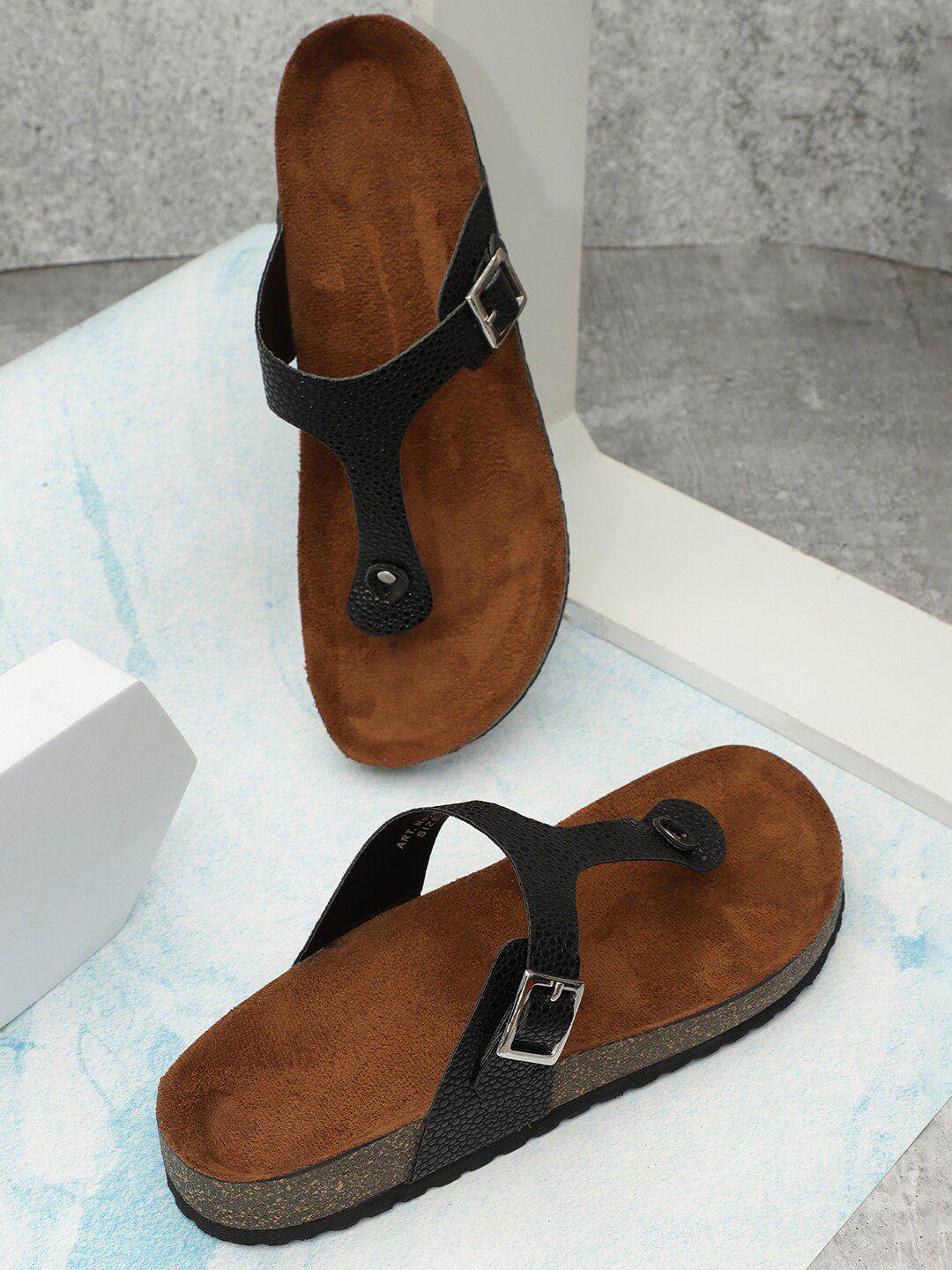 mozafia textured t- strap flats with buckle closure