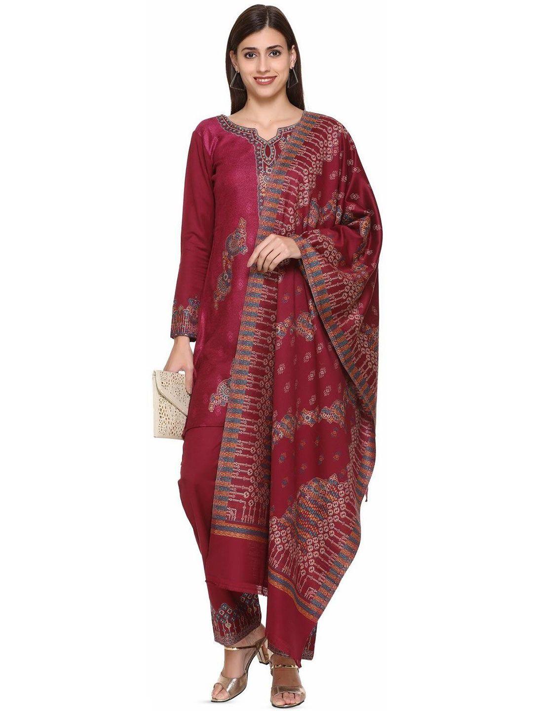 kidar maroon & blue embroidered viscose rayon unstitched dress material