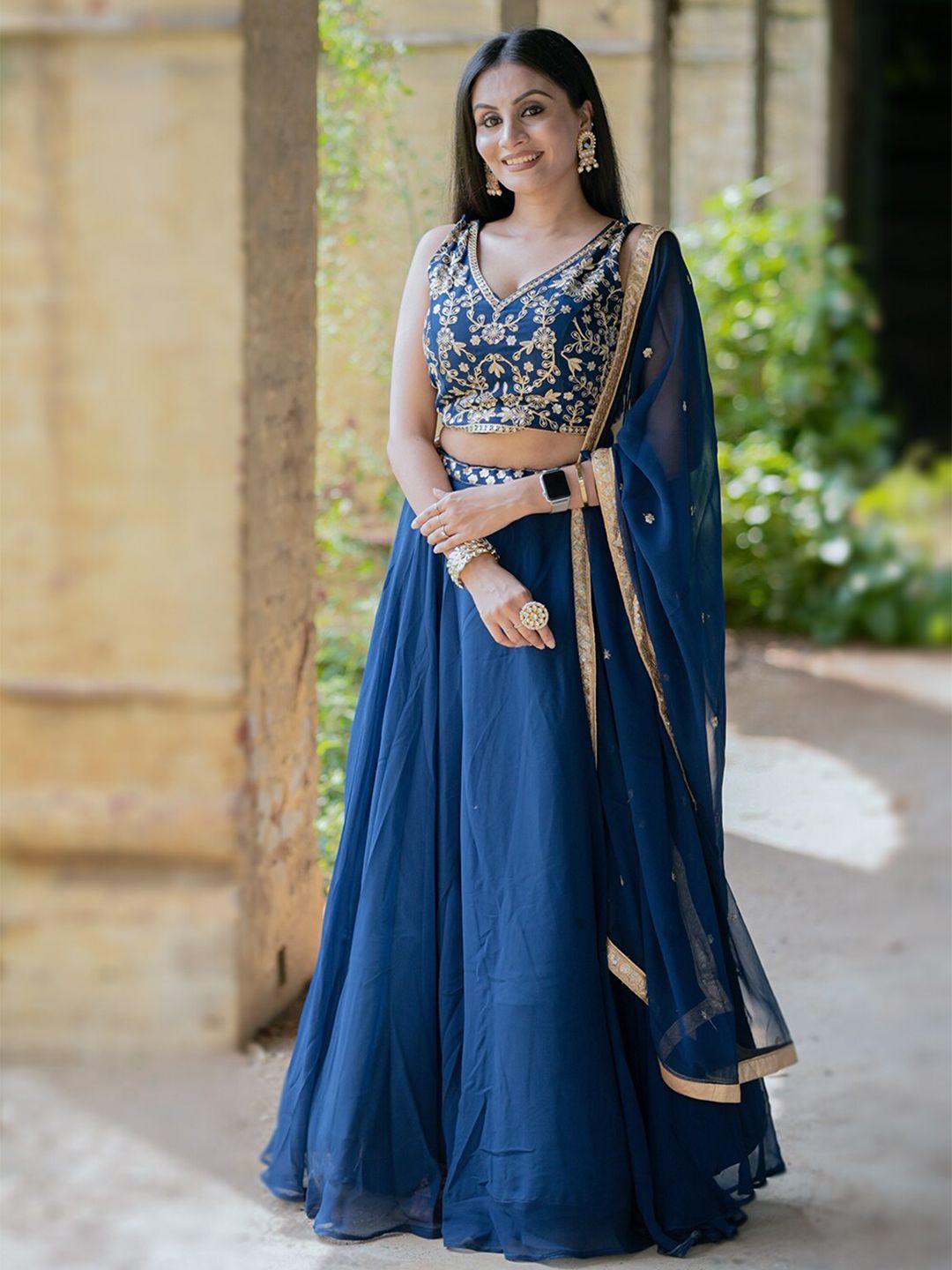 looknbook art navy blue embroidered sequinned semi-stitched lehenga & unstitched blouse with dupatta