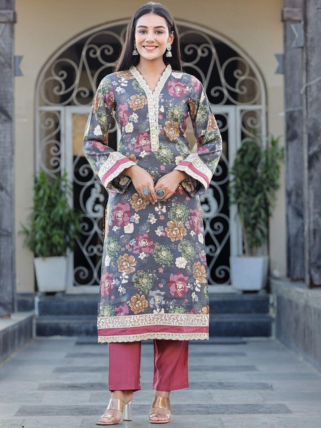 yufta floral embroidered thread work v-neck flared sleeves kurta with trousers