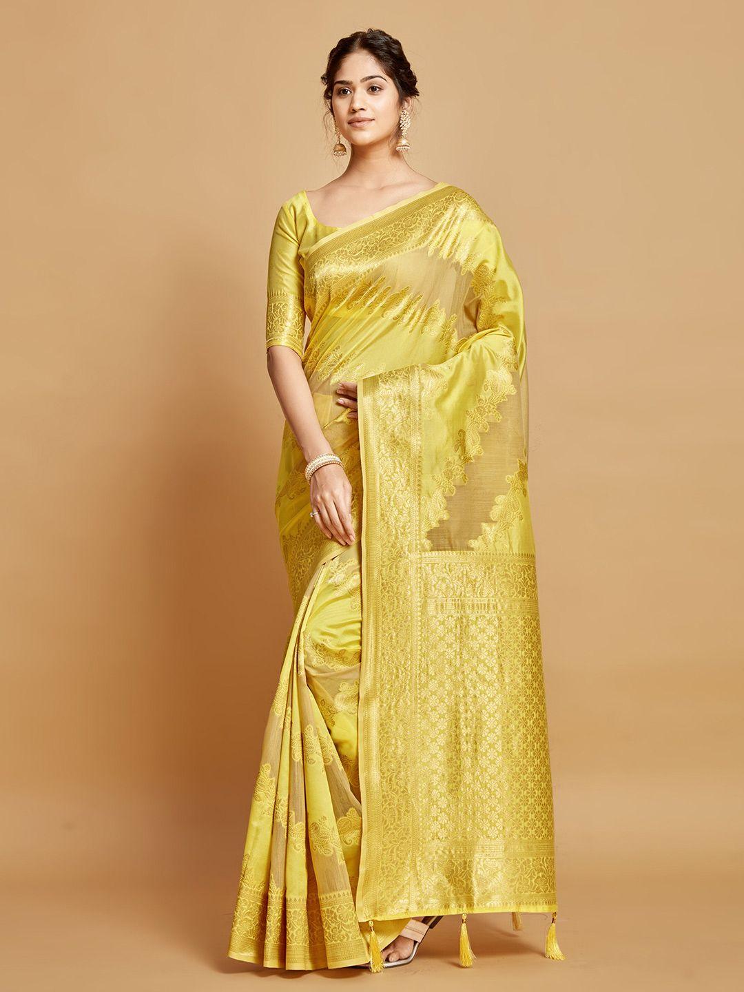 dori yellow & gold-toned floral linen blend designer saree