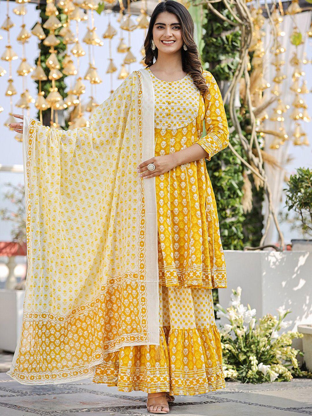 kaajh women yellow ethnic motifs printed regular pure cotton kurta with sharara & with dupatta